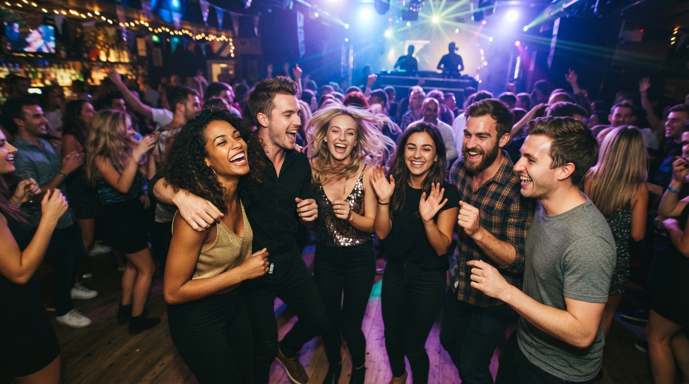 Friends laughing at a dance party